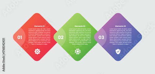 3 points infographic with gradient style with rhombus diamond shape on horizontal direction stacked layer with 3 elements stages