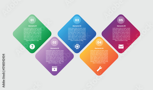 3 points infographic with gradient style with rhombus diamond shape up and down on horizontal line direction with 3 elements stages