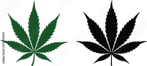 Cannabis Leaf Vector in Green and Black with Seven Serrated Leaflets on White Background ? Botanical Illustration for Medical, Cultural, and Design Use