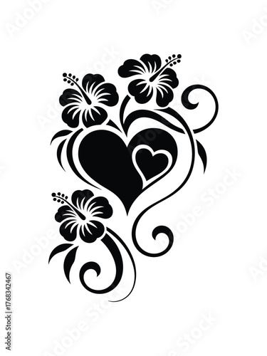Hibiscus Bouquet with Double Heart Flourish Silhouette Vector, Black Tropical Floral Swirl Ornament, Romantic Tattoo Clipart for Wedding Invitations, Valentine Decor and Craft Cutting