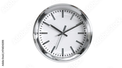 Classic roman numeral wall clock depicting time, wood finish on a white background signifying punctuality