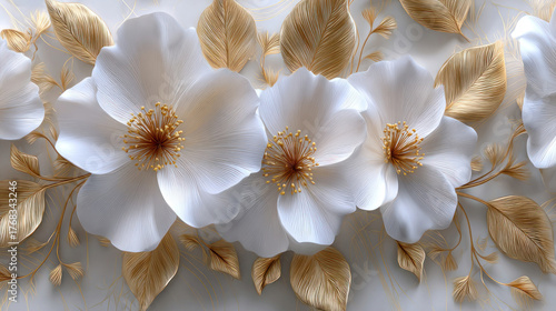 Beautiful spring 3D white flower with golden leavs on decorative background as wallpaper illustration, Elegant White Gold Flower