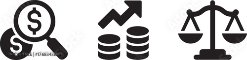 Finance and justice icons set. Money search, growth, and balance scale symbols