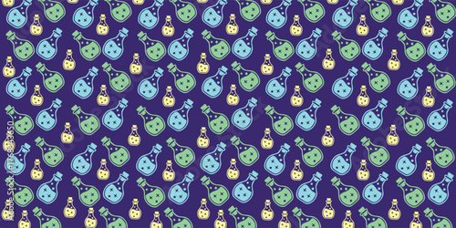 Halloween potion bottle seamless pattern with spooky glass flasks in green and yellow tones. Perfect for poster, banner, party decor, wrapping paper, textile, background, and festive digital designs.