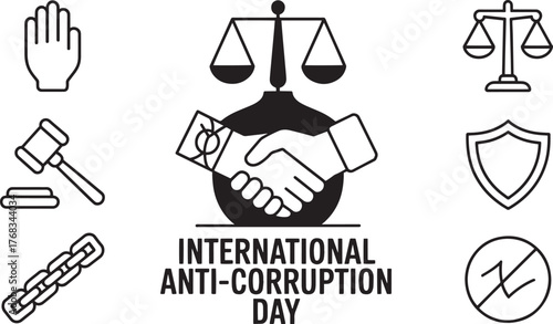 International Anti Corruption Day scales of justice chain gavel shield integrity
