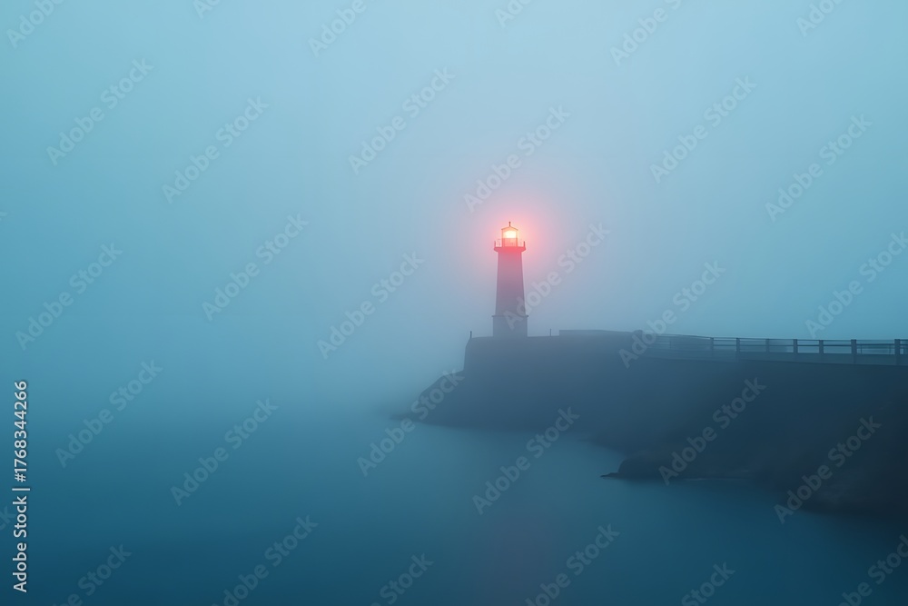 Fototapeta premium A dense fog rolling over a coastal lighthouse beam.