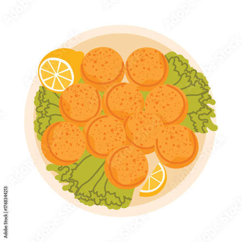 Traditional Sudanese falafel served with fresh lettuce and lemon on a white isolated plate vector illustration