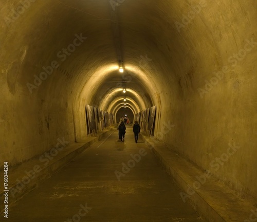 Grić Tunnel in Zagreb, a pedestrian tunnel located in the city centre of Zagreb, Croatia, under the historic neighbourhood of Grič, hosting an art exhibition