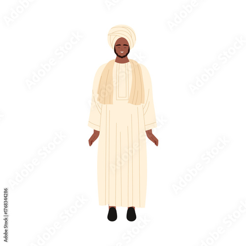 Smiling Sudanese man wearing traditional white attire and turban, standing isolated on white background vector illustration