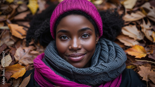 Black girl mixed ethnical wearing wool knitted hat in autumn scenery with colourful leaves