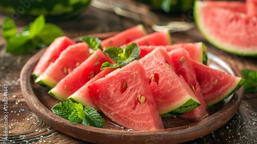 Freshly cut watermelon slices arranged on a wooden plate, ready for a summer snack