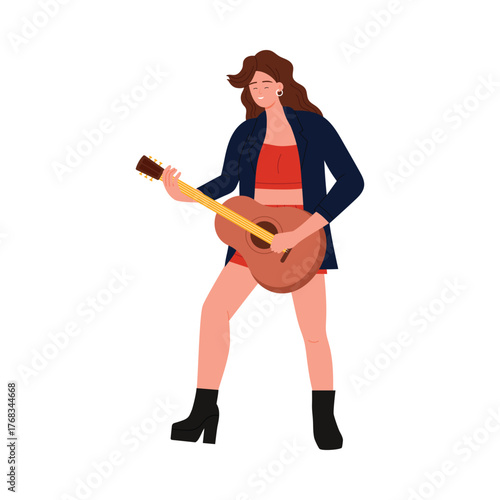 Confident woman in stylish outfit playing acoustic guitar on white isolated background vector illustration