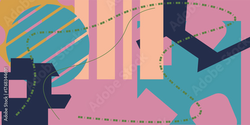 Abstract geometric composition in modern minimalist style with overlapping pink, blue, and mustard shapes. Decorative lines create motion and depth. Ideal for prints and backgrounds