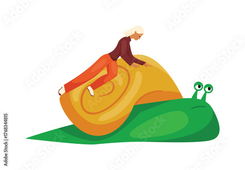 Creative isolated image of a woman riding a large snail symbolizing slow progress vector illustration