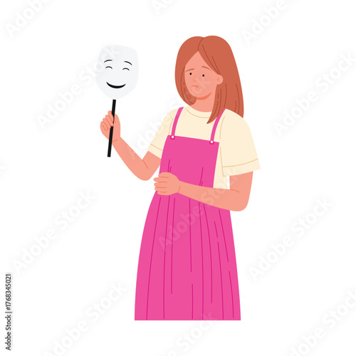 Unhappy young woman in pink dress holding smiling mask isolated on white background vector illustration