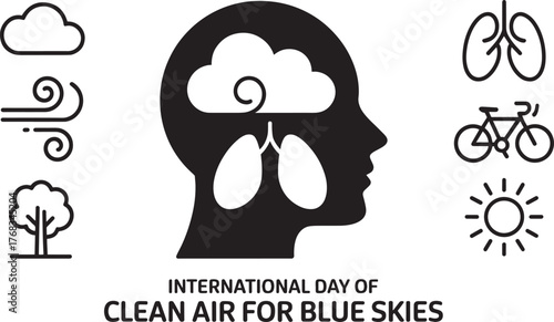 International Day of Clean Air for Blue Skies with head, lungs, clouds, wind, tree, sun
