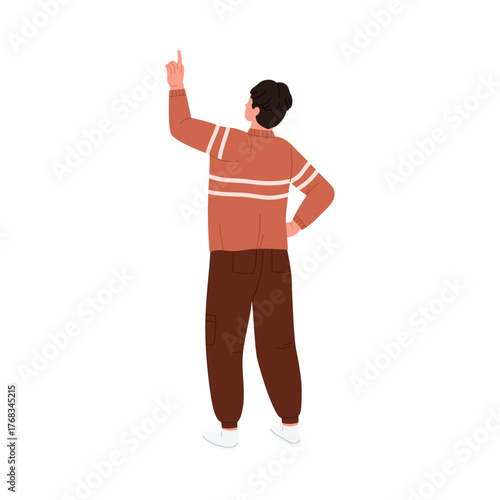 Young man seen from back behind pointing upward on white isolated background vector illustration