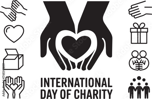International Day of Charity giving hands heart care gift box help icon set vector