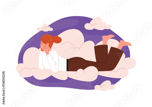 Young woman lying on fluffy clouds, relaxing and daydreaming, isolated on white background vector illustration