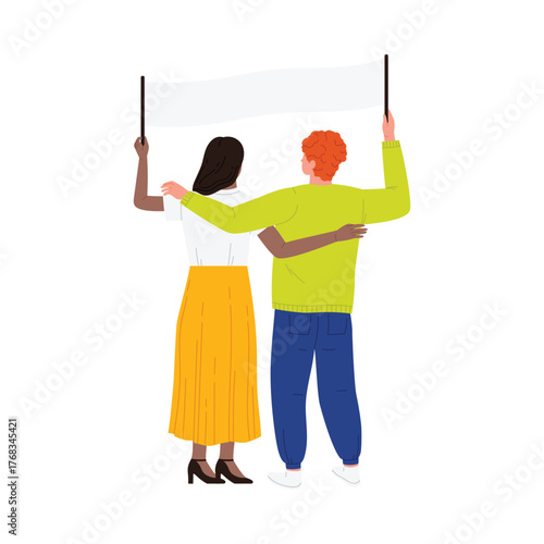 Two diverse people standing arm in arm holding a blank poster isolated on white vector illustration
