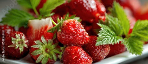 Ripe Red Strawberries with Green Leaves Closeup on White Plate