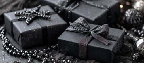 Elegant Black Gift Boxes Tied with Ribbon on Dark Background