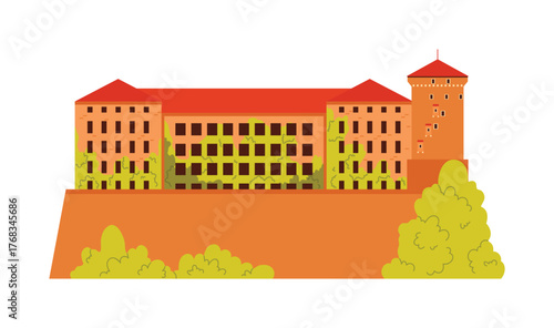 Historic Polish castle with red roofs and green foliage, isolated on white background vector illustration