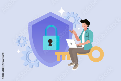 Cybersecurity concept. A man sits on a large key using a laptop, pointing to a secure shield with a lock icon, representing data protection and access control.