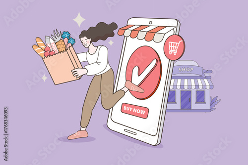 Happy woman runs with groceries after a successful online purchase. Smartphone app shows a checkmark for order confirmation from the local shop. Represents e-commerce convenience.
