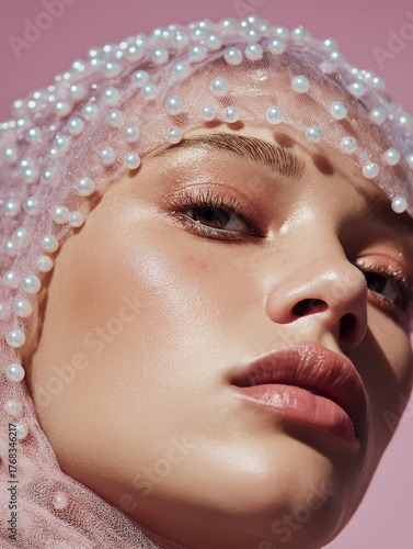 An artistic beauty shot of a woman wearing a pearl net veil with luminous skin and glossy lips. Contemporary fashion portrait with soft lighting and refined composition.