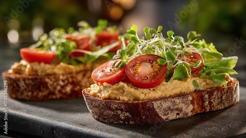 Delicious openfaced sandwich with hummus, cherry tomatoes, and sprouts on toasted whole grain bread, beautifully presented on a dark slate