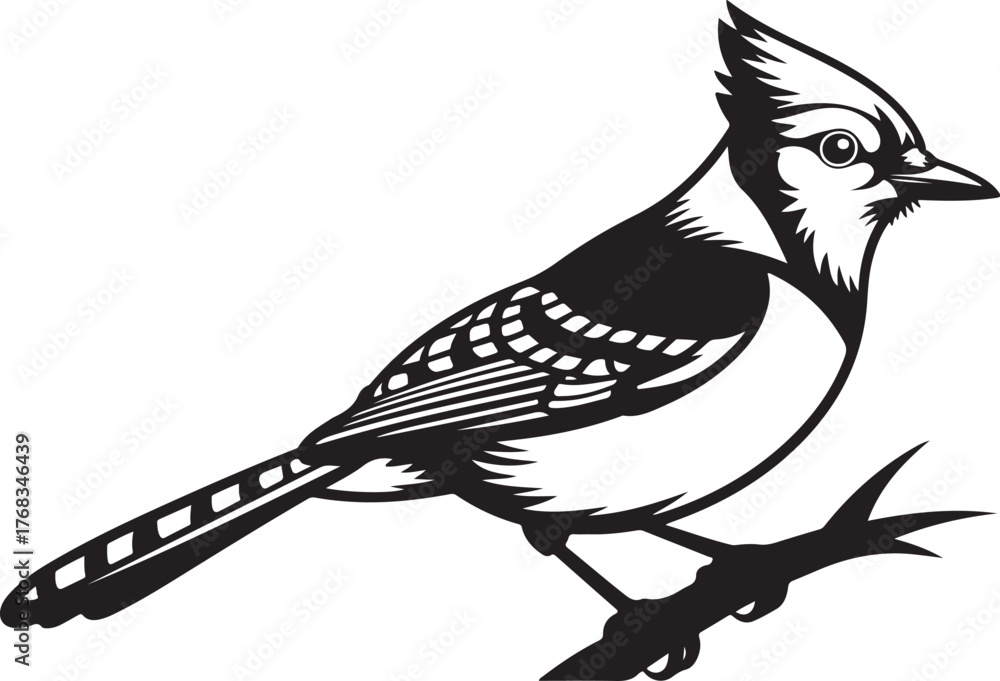 Obraz premium Black and white graphic illustration of a blue jay perched on a branch bird animal