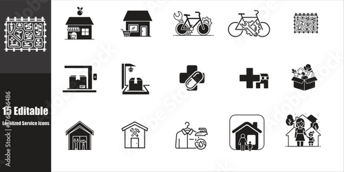 Collection of simple black and white icons representing various businesses and services for community life
