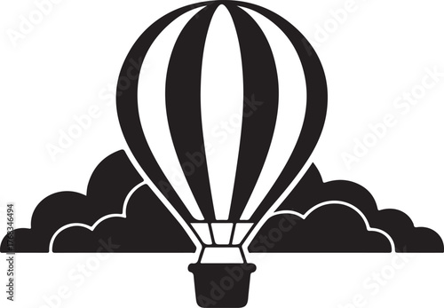 Black and white graphic of a hot air balloon with striped pattern ascending through stylized clouds