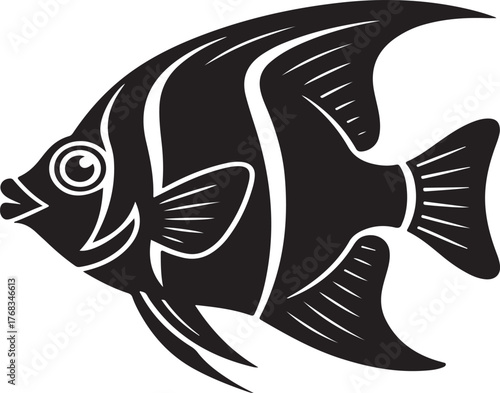 Black and white graphic illustration of a tropical angelfish with bold stripes and fins