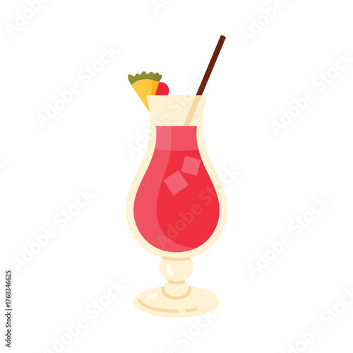 Colorful Singapore Sling cocktail with garnish and straw on white isolated background vector illustration