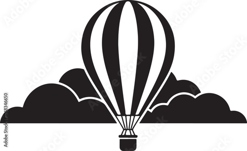 Black and white illustration of a hot air balloon ascending through stylized clouds airship