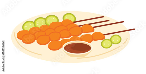 Delicious Singapore satay skewers with cucumber slices and dipping sauce on isolated white background vector illustration