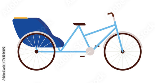 Traditional Singapore trishaw rickshaw in blue on white background, isolated vector illustration