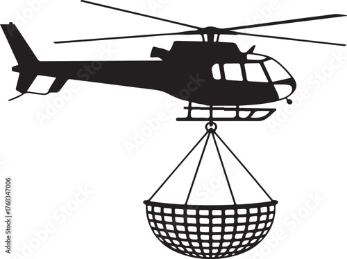 Black silhouette of a helicopter carrying a net basket with a grid pattern black and white