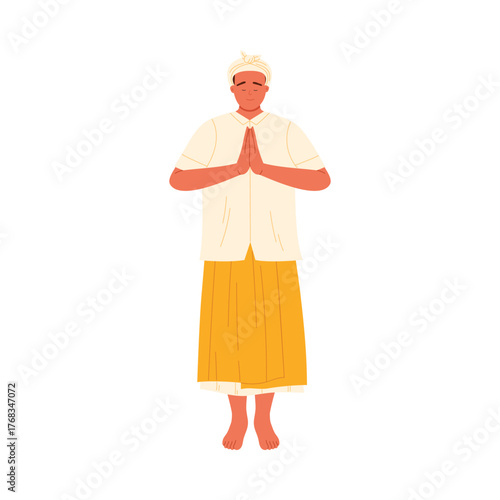 Isolated Indonesian man in traditional clothing performing respectful greeting gesture on white background vector illustration