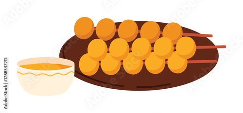 Isolated Indonesian quail egg skewers with dipping sauce on white background vector illustration