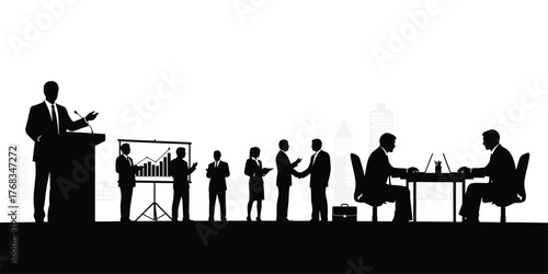 Business meeting silhouettes in a modern city, showcasing professional collaboration and corporate success