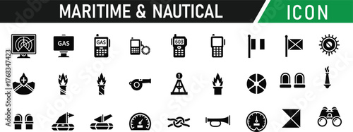 Maritime and nautical glyph icon set. Including Anchor, Compass, Ship Wheel, Lighthouse, Sailboat, Nautical Star, Knot, Lifebuoy, Seagull, Waves. Vector silhouette illustration