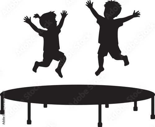 Black silhouette of two children jumping high on a trampoline against a white background