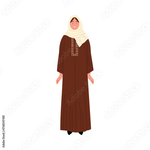 Smiling Israeli woman in traditional brown dress and headscarf standing isolated on white vector illustration