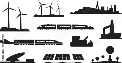 A power station silhouette on the sea is a nautical art illustration of transport and power