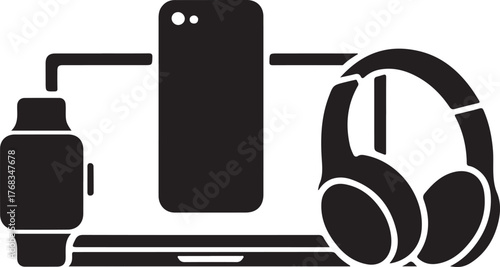 Technology music equipment concept vector icon set design of a black mp3 player with headphones illustration symbol object tool