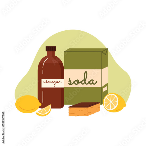 Natural kitchen cleaning supplies with vinegar, soda, lemon, and sponge isolated vector illustration