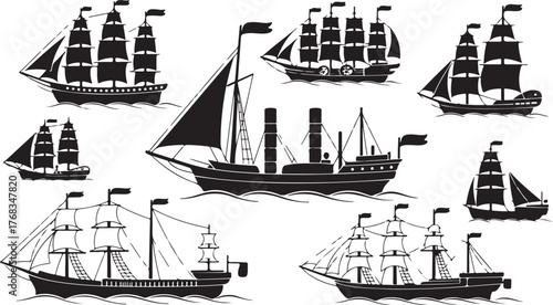 Obraz na plátně A set of vintage sailing ships with tall masts travel across the blue ocean on a